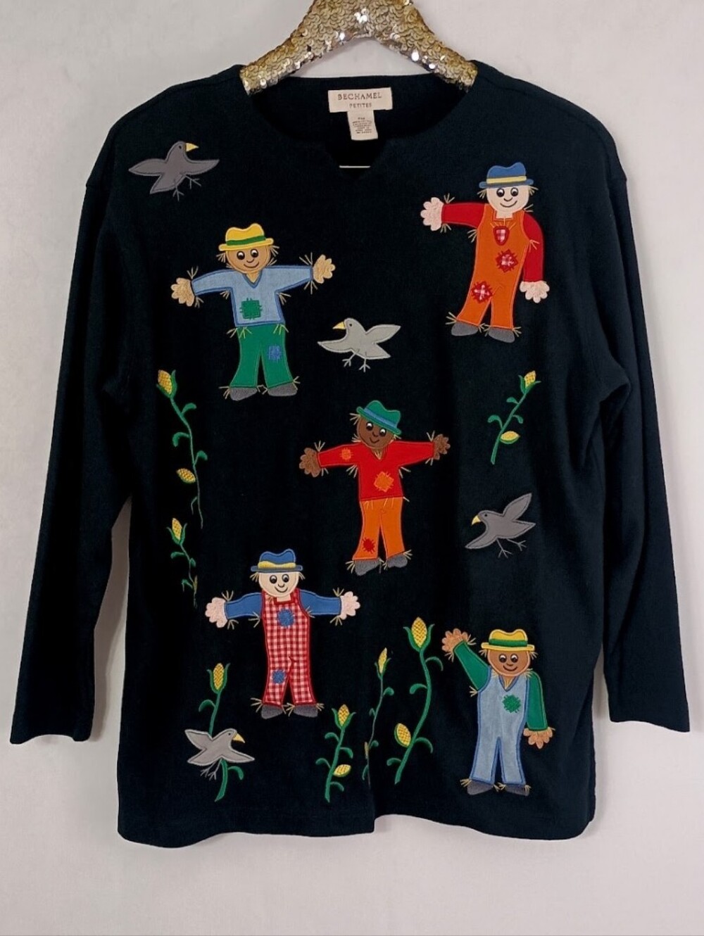 Vintage 90s Bechamel Petites Plus Size Black Scarecrow Embroidered Sweater Top